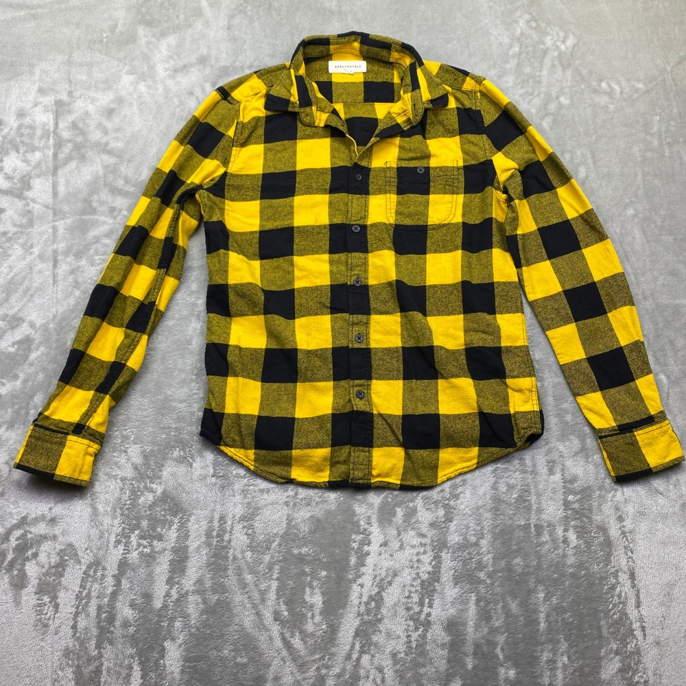 Aeropostale Boys Youth Flannel Shirt Long Sleeve Yellow Black Buffalo Plaid Sz S